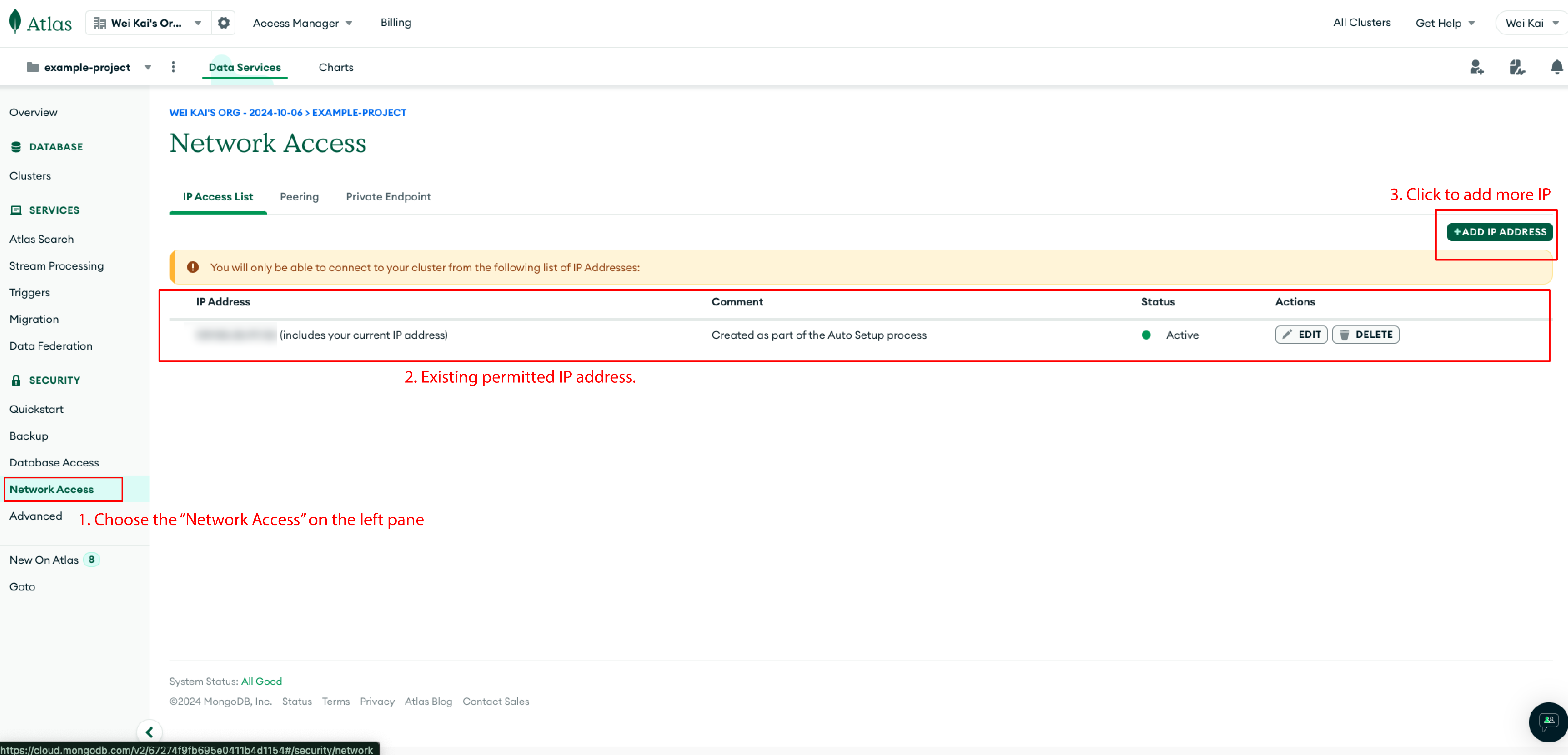 mongodb network access list page